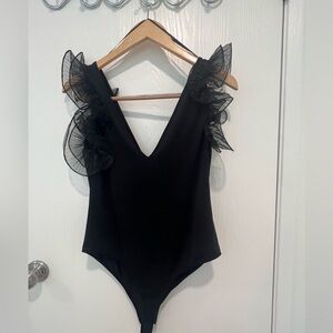 Zara Organza Trim Black V-Neck Bodysuit
